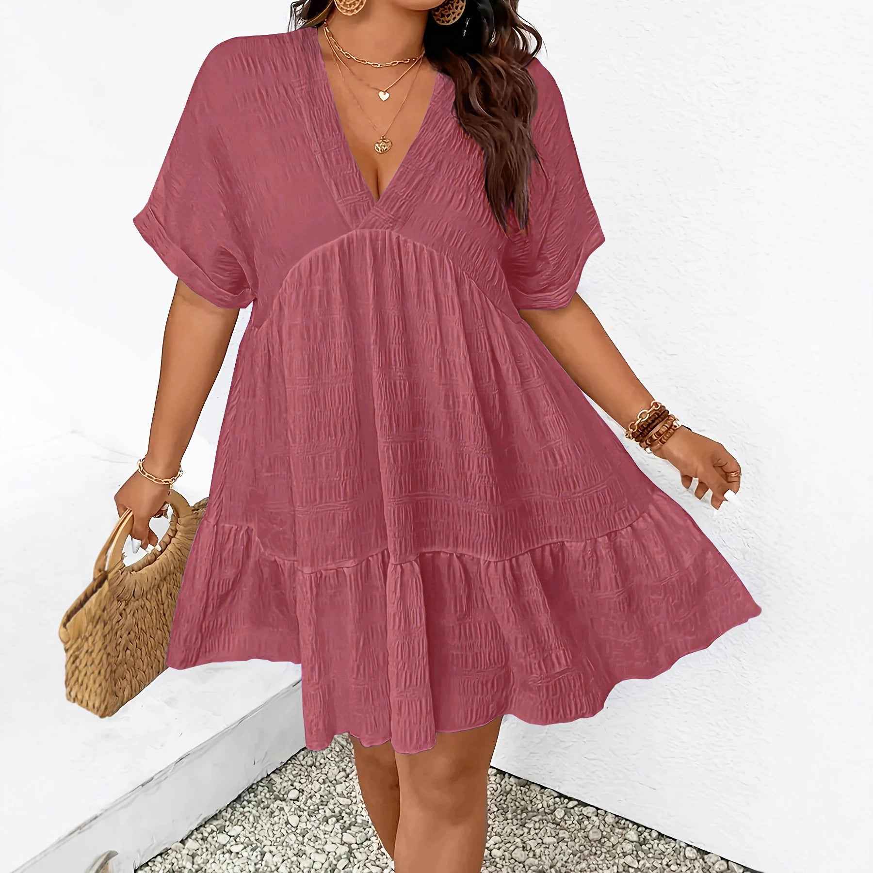 Deep V-Neck Short-Sleeve Loose-Fit Pullover Midi Dress – Plus Size
