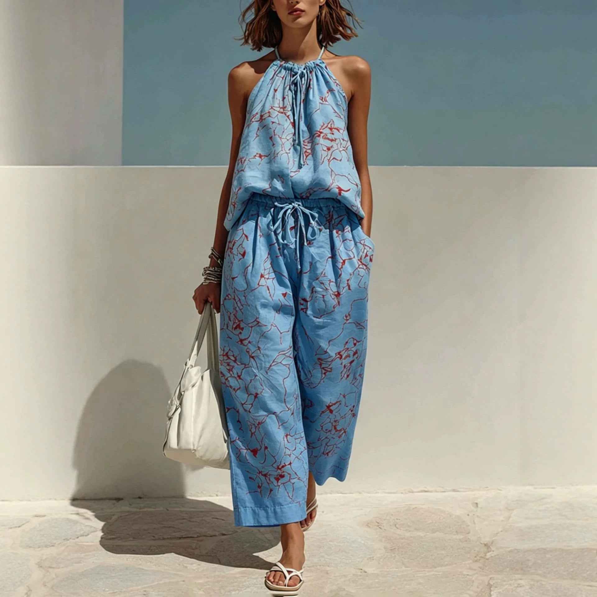 Minimalist Printed Backless Camisole And Relaxed-fit Wide-leg Pants Set, Vacation Style