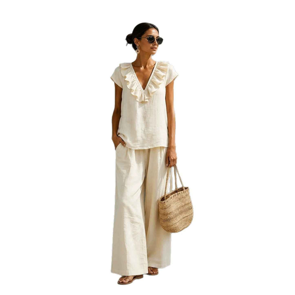 V-Neck Ruffled Hem T-Shirt & Wide-Leg Pants Set — 4 Colours