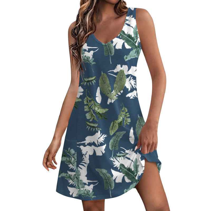Sleeveless Loose-Fit Printed V-Neck Casual Dress