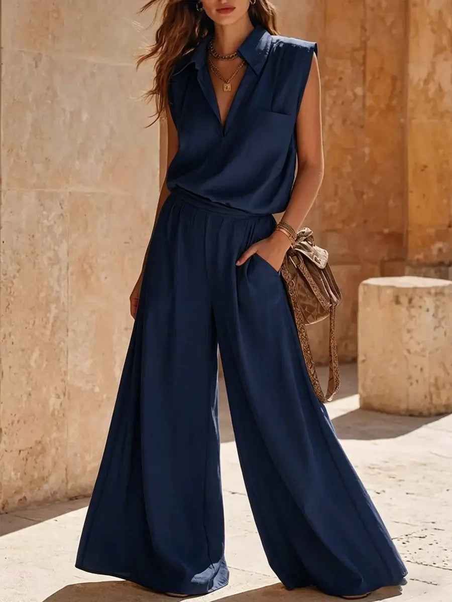 Womens Solid-Color V-Neck Sleeveless Shirt Casual Set