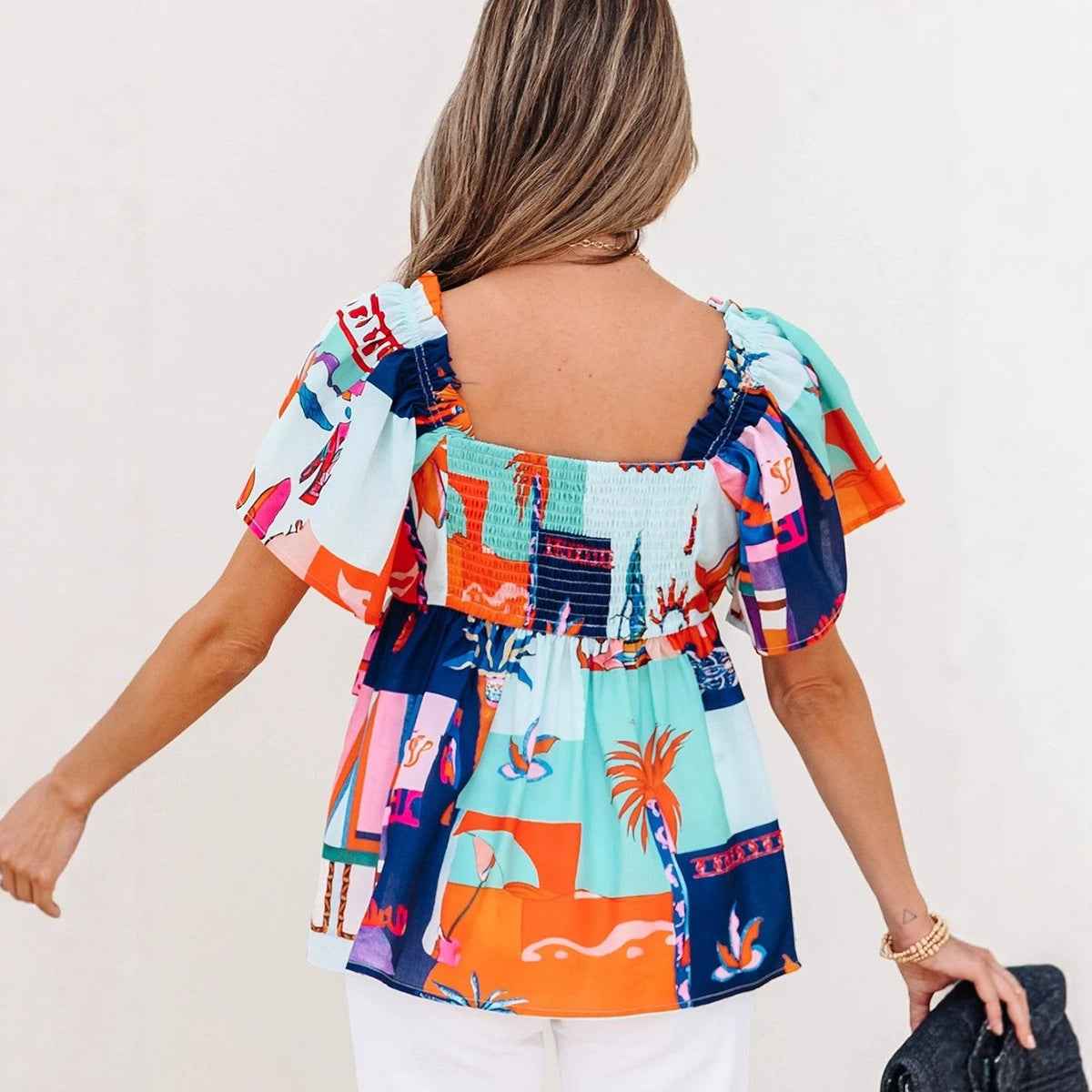 Colour-Block Square-Neck Flounce Sleeve Loose Top