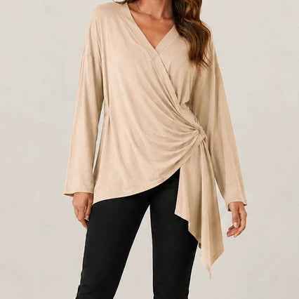 Strap-style Solid-color Elegant V-neck Casual Long-sleeve Top