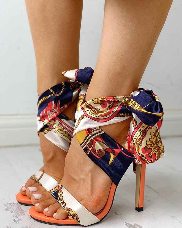 Womens Open-toe Stiletto Heels With Ribbon Detailing