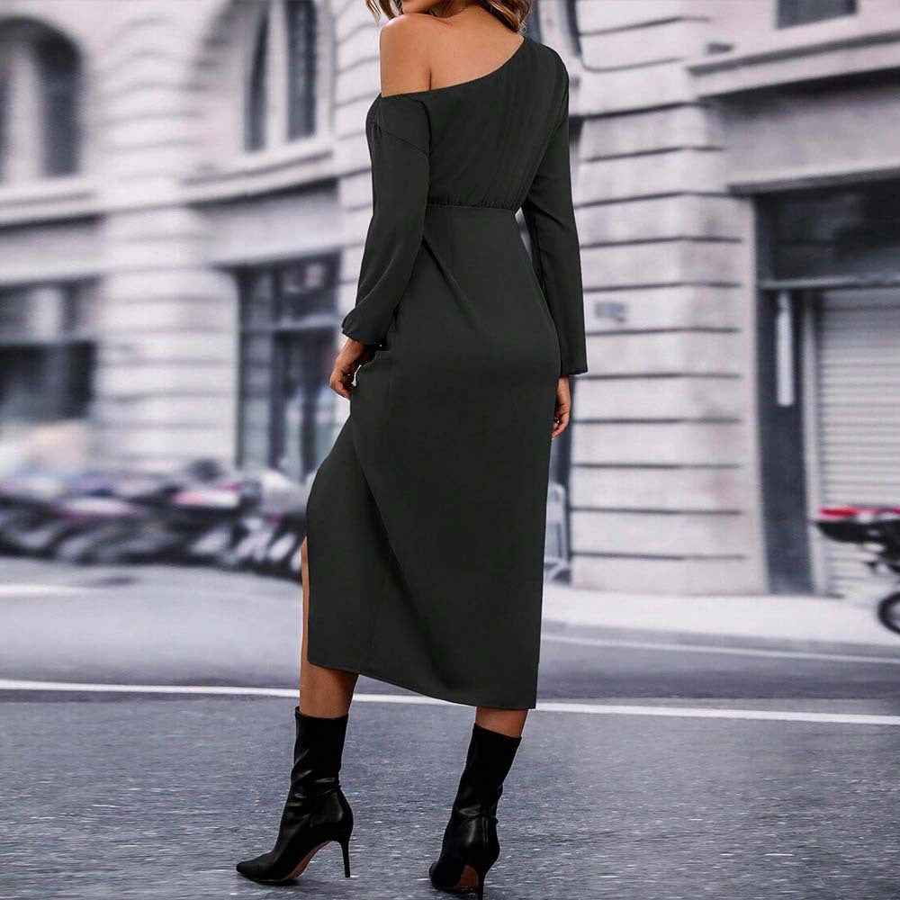 Women's Off-Shoulder Side-Slit Slim-Fit Midi Dress — Black