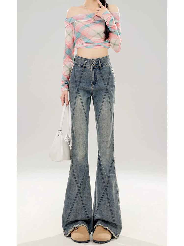High Waist Bootcut Jeans – Washed Vintage Denim for Women