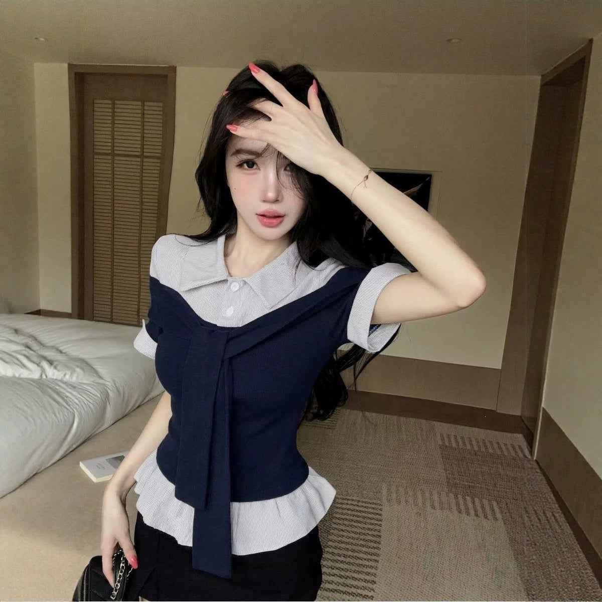 Women's Preppy Striped Mock Two-Piece Polo-Neck Blouse — 4 Colours, S–L