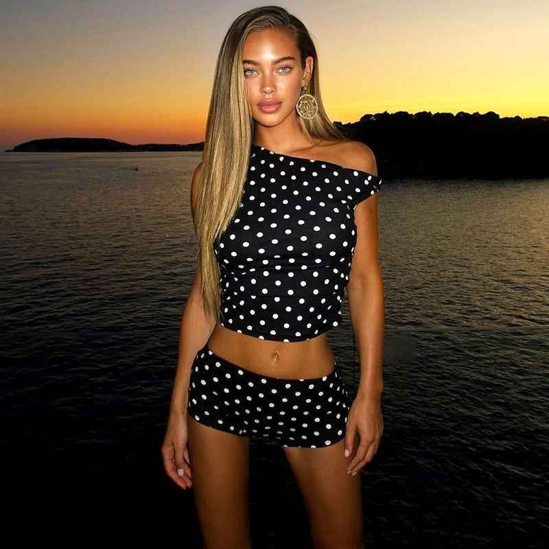 Women's Polka Dot Crop Top & Bodycon Shorts Co-Ord Set — Black