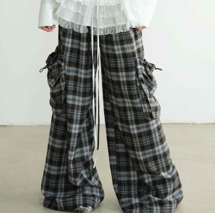 Women's Plaid Wide-Leg Trousers — Double Waistband & 3D Pockets