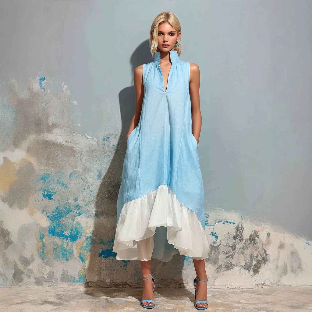 Women's Short-Sleeve V-Neck Asymmetric Ruffle Maxi Dress