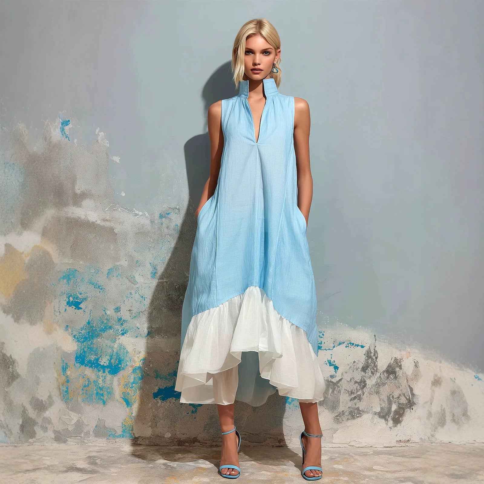 Women's Short-Sleeve V-Neck Asymmetric Ruffle Maxi Dress