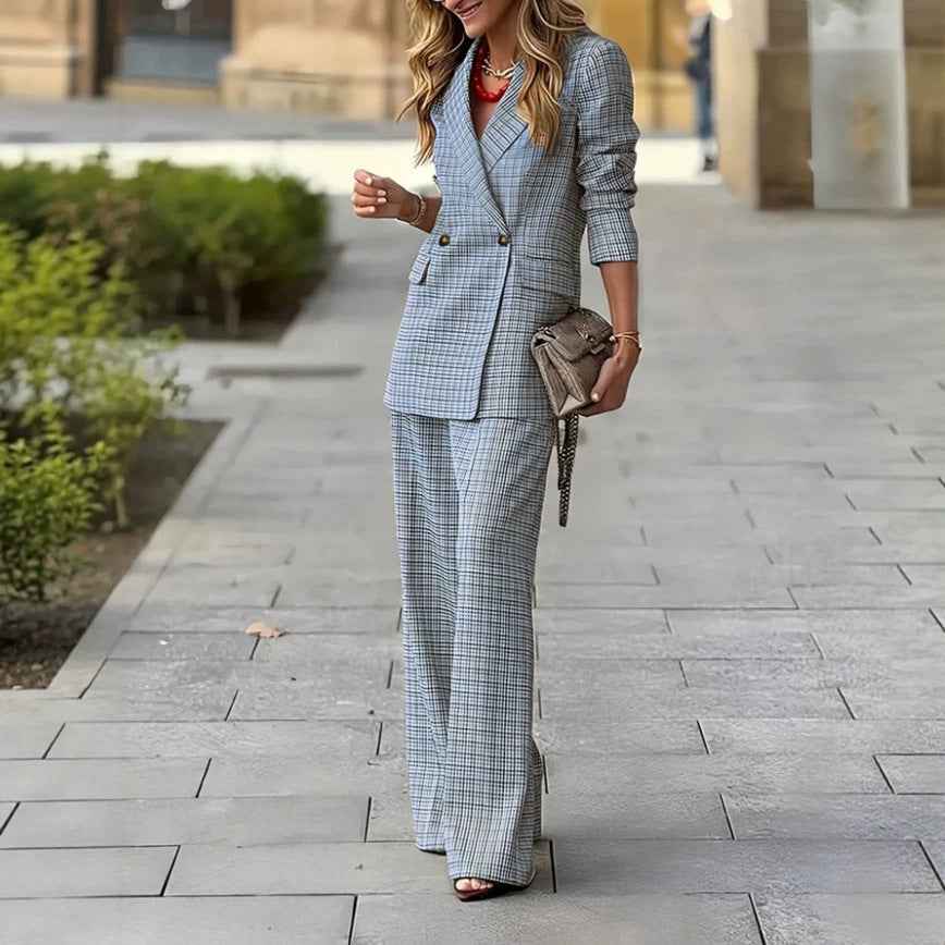 Plaid Lapel Blazer & High-Waist Wide-Leg Pants – Women’s Two-Piece Suit