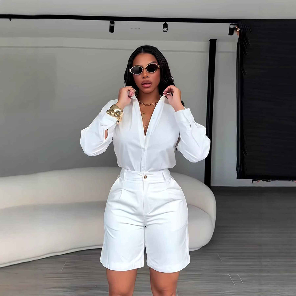 Fashionable Lapel-Collar Casual Long-Sleeve Shirt And Shorts Set
