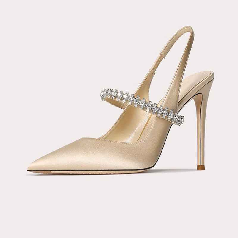 Satin Rhinestone Stiletto Heels — Ankle Strap, Pointed Toe, 3 Heights