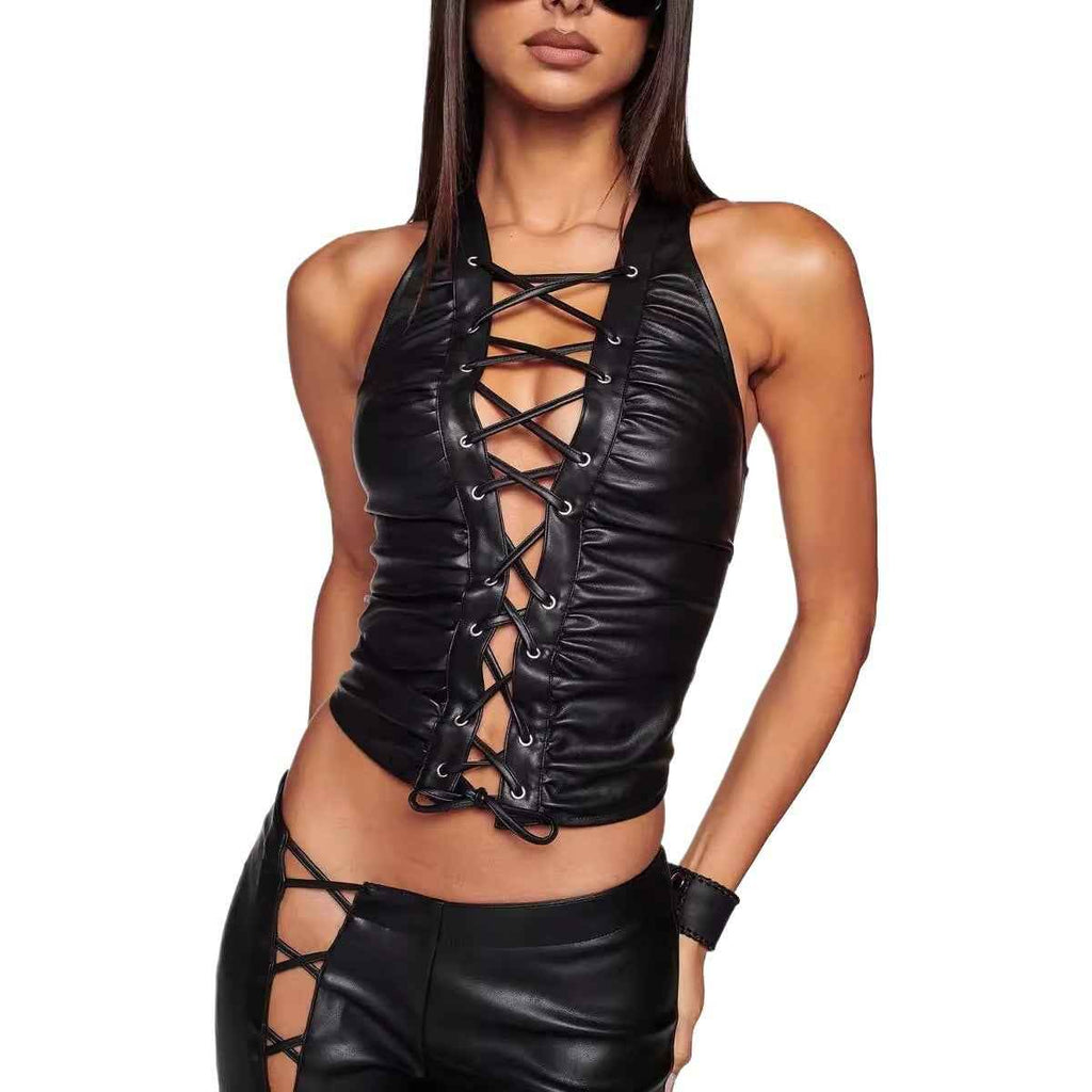 PU Leather Sleeveless Top – Rivet Strap Strapless Vest