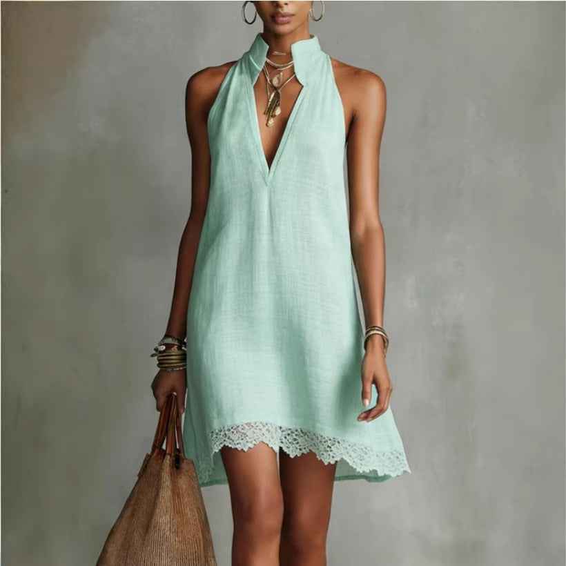 Deep V-neck Pleated Solid-color Casual Dress