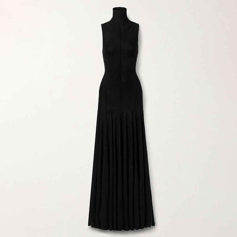 Black High-Waist A-Line Maxi Dress – Sleeveless Bodycon