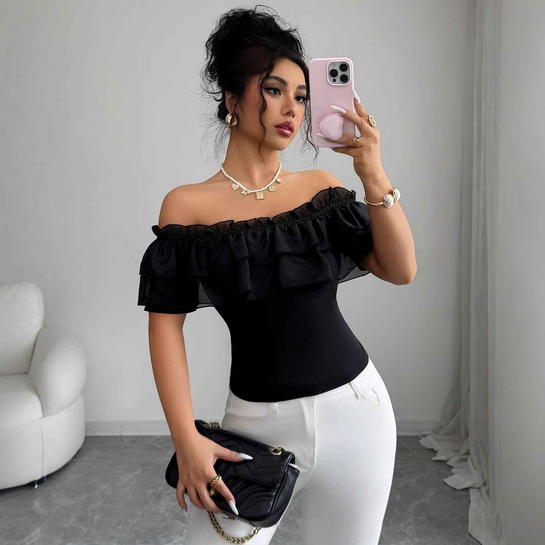 Slim-Fit Long-Sleeve Cropped Pullover Top — Black, S–XL