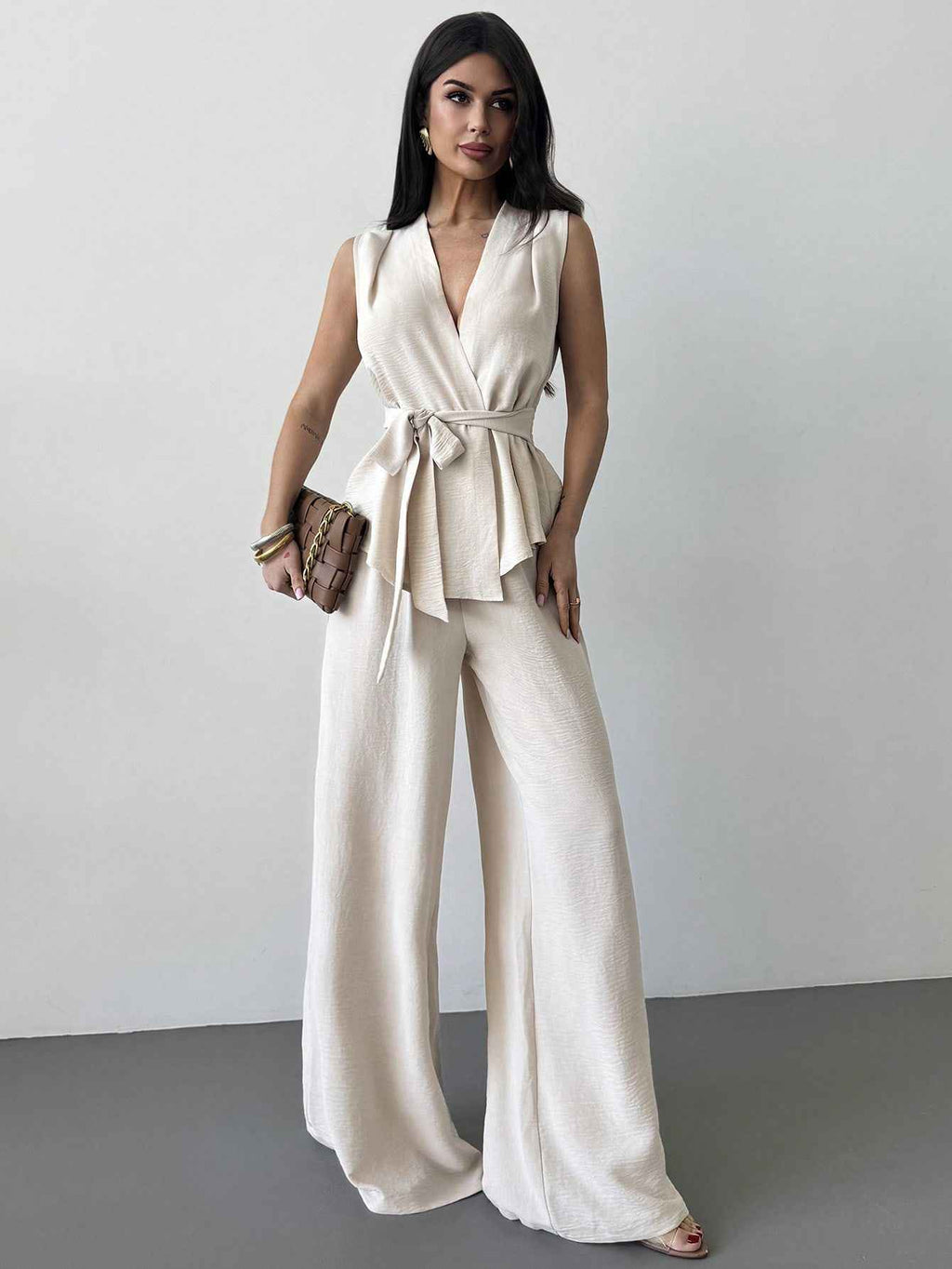 Lace-Up V-Neck Vest & Wide-Leg Trousers Set — Apricot & Khaki, S–XL