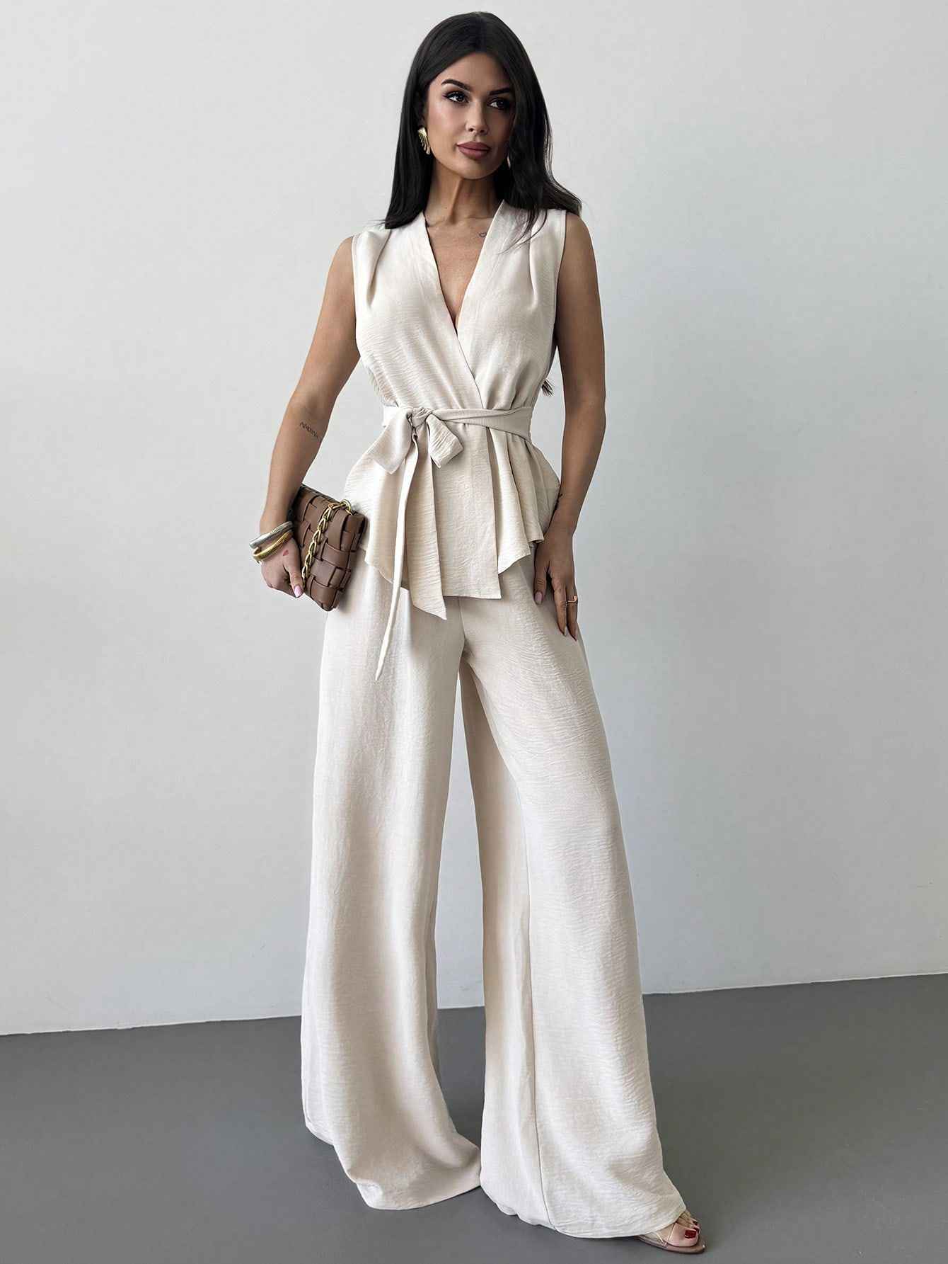 Lace-Up V-Neck Vest & Wide-Leg Trousers Set — Apricot & Khaki, S–XL