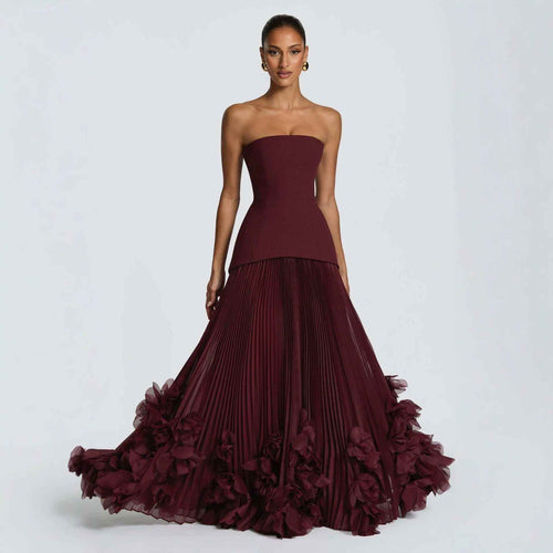 Three-dimensional Petal-style Strapless Floor-length Waist-cinching Dress