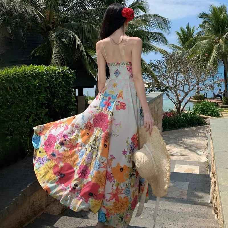 Colour-Block A-Line Slip Dress – High Waist Vacation Style