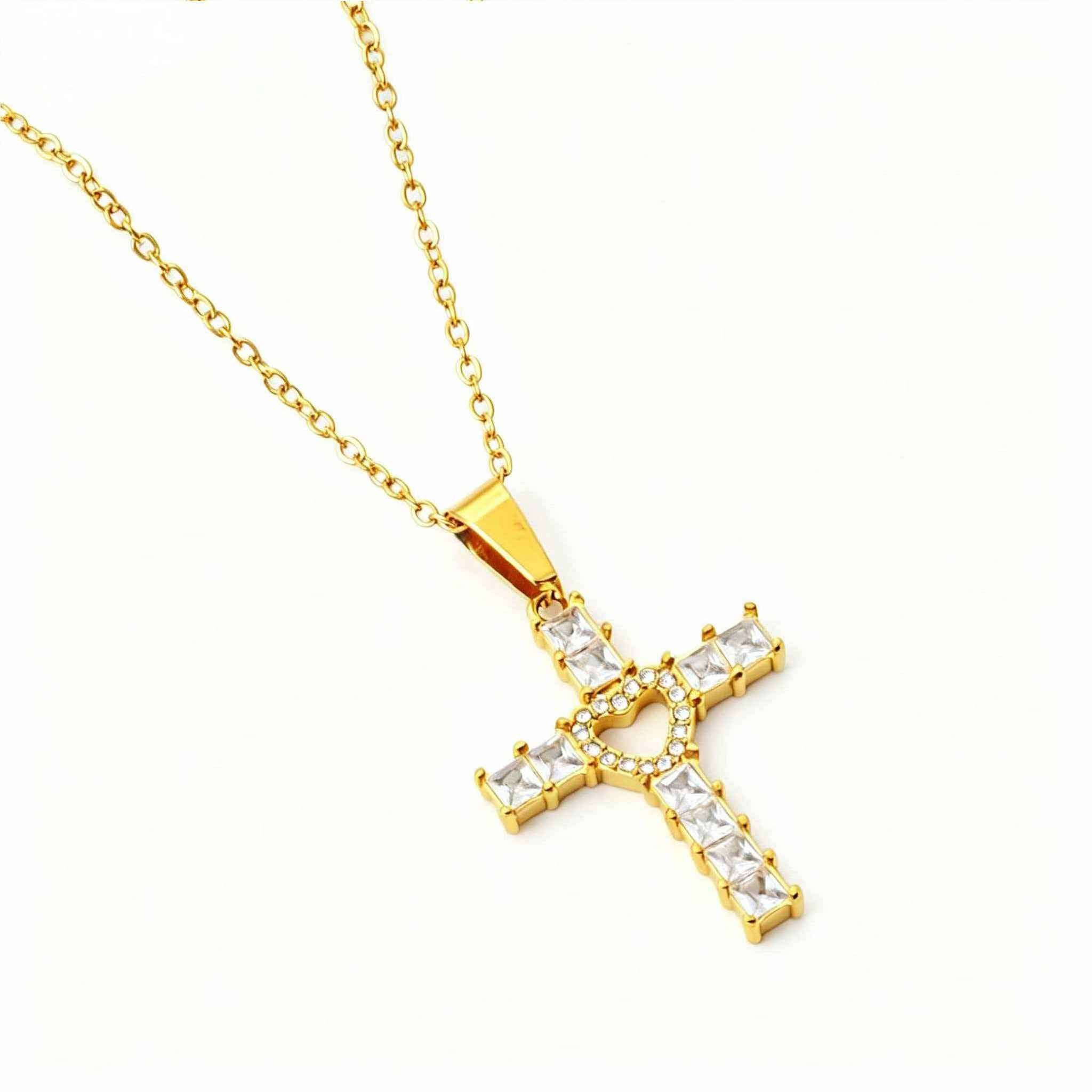 Stainless Steel Heart-shaped Cross Pendant Necklace With Zircon Inlay