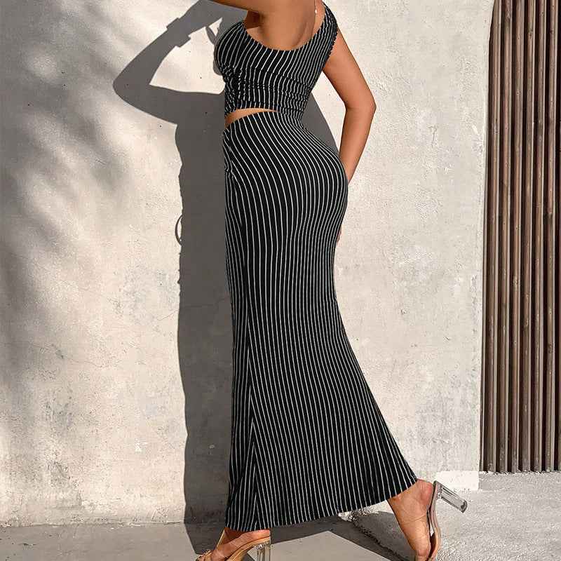 Striped Asymmetric Hem Vest & Slim Skirt Set — 3 Colours, XS–XL
