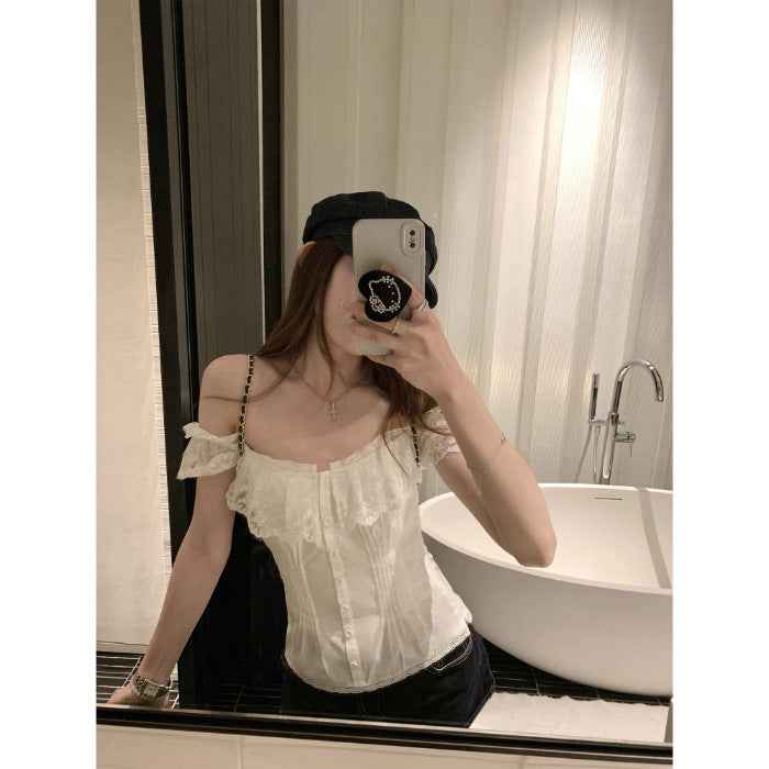 Lace-collar Waist-cinching, Figure-flattering Short-sleeve Top