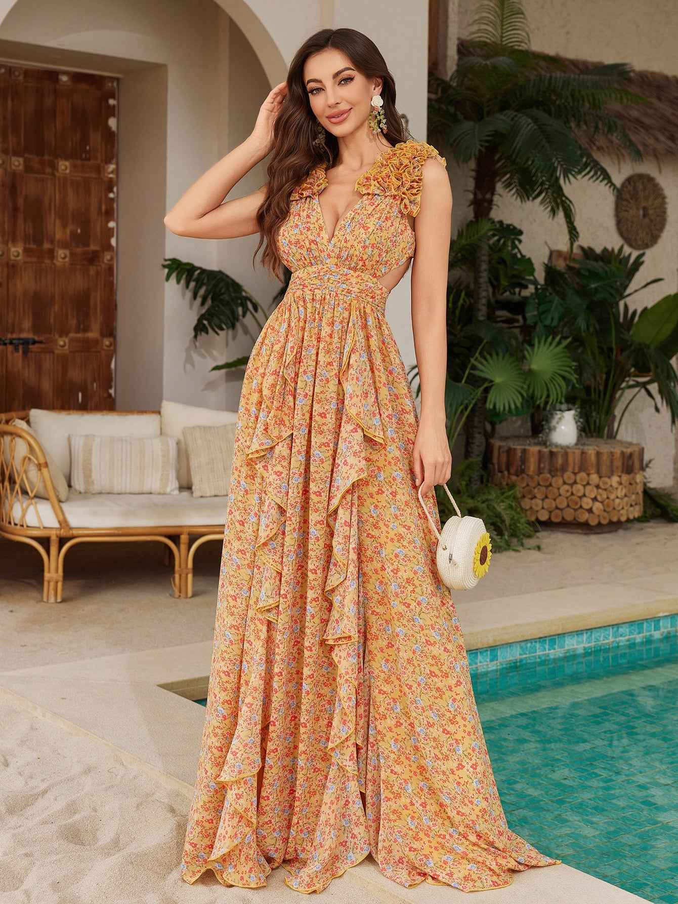 Womens Floral Printed Asymmetrical Slit Chiffon Lace Elegant Dress