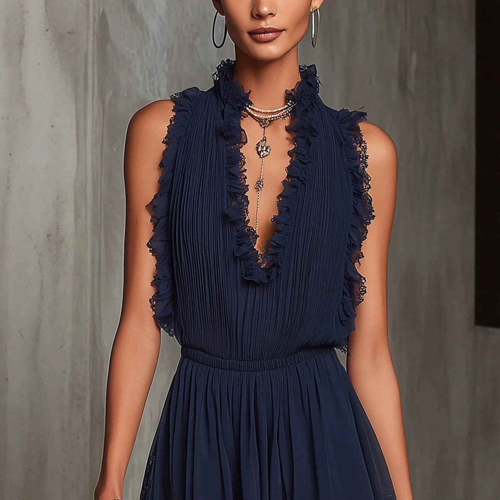 Sleeveless Lace-Panel Mini Dress — High-Waist Navy Blue