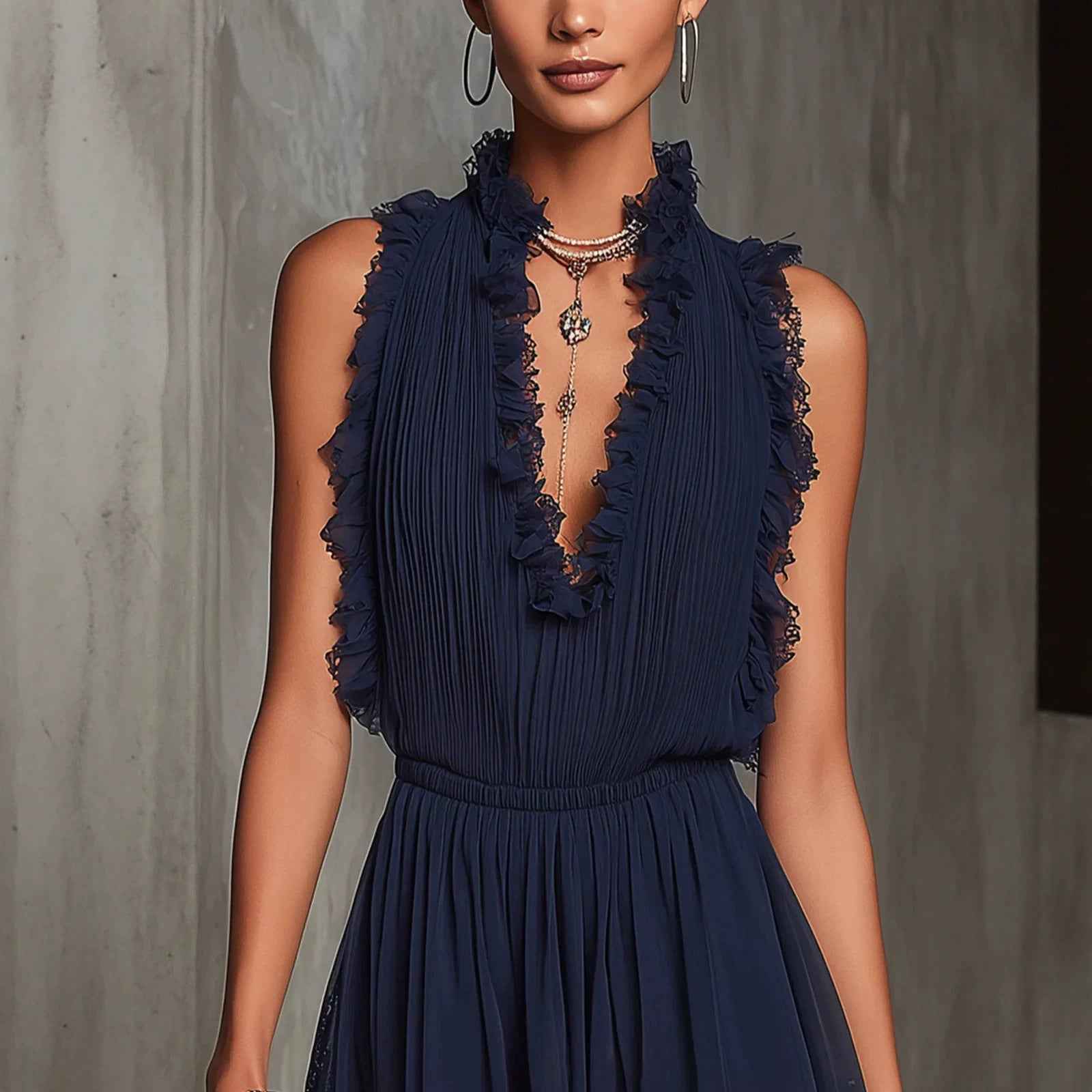 Sleeveless Lace-Panel Mini Dress — High-Waist Navy Blue