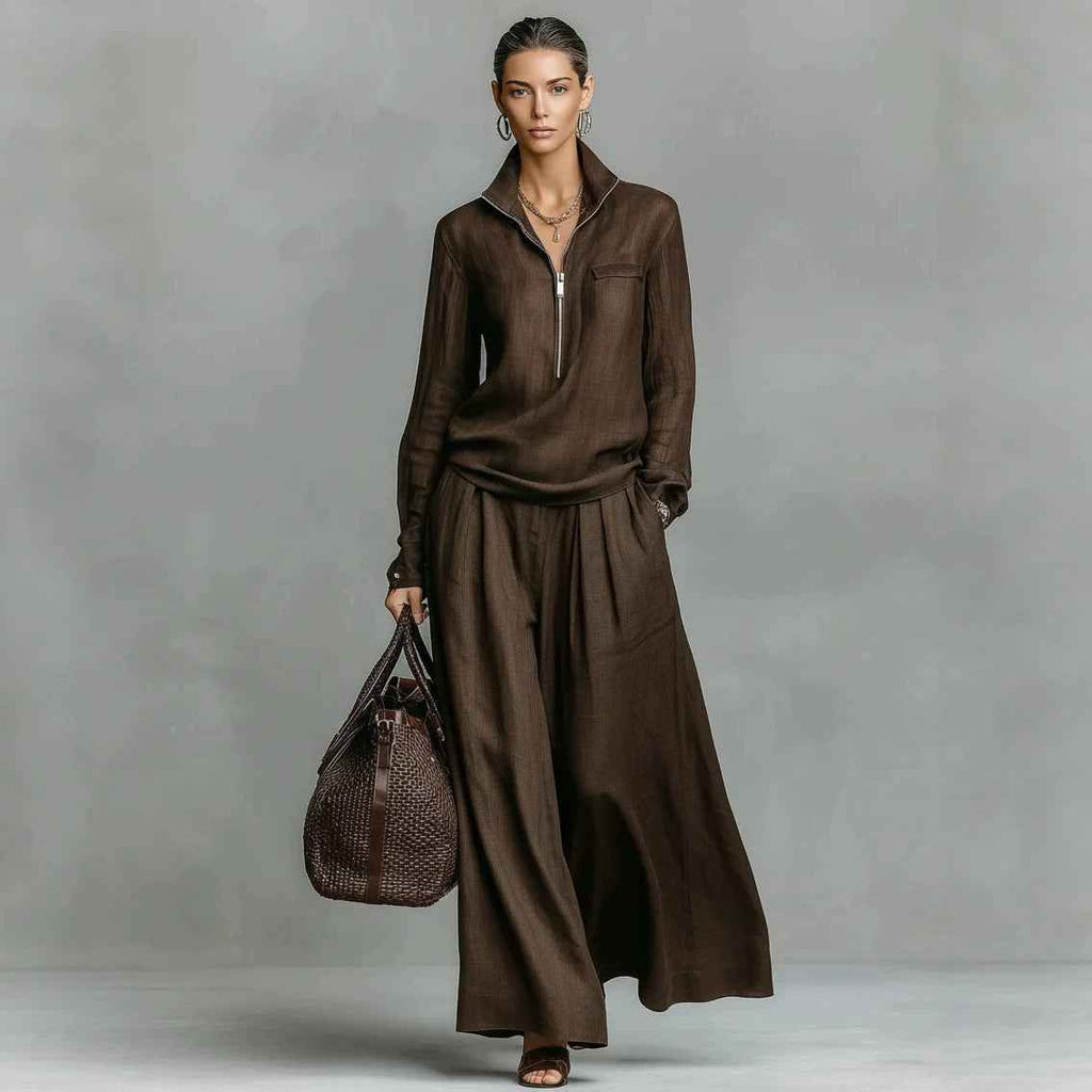 Womens Fashionable Casual Wide-Leg Pants Set With Zippers