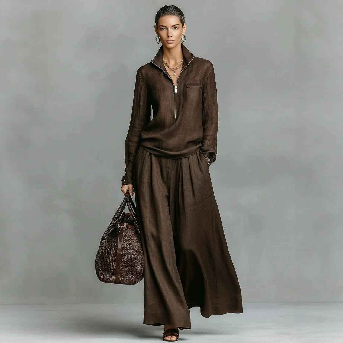 Womens Fashionable Casual Wide-Leg Pants Set With Zippers