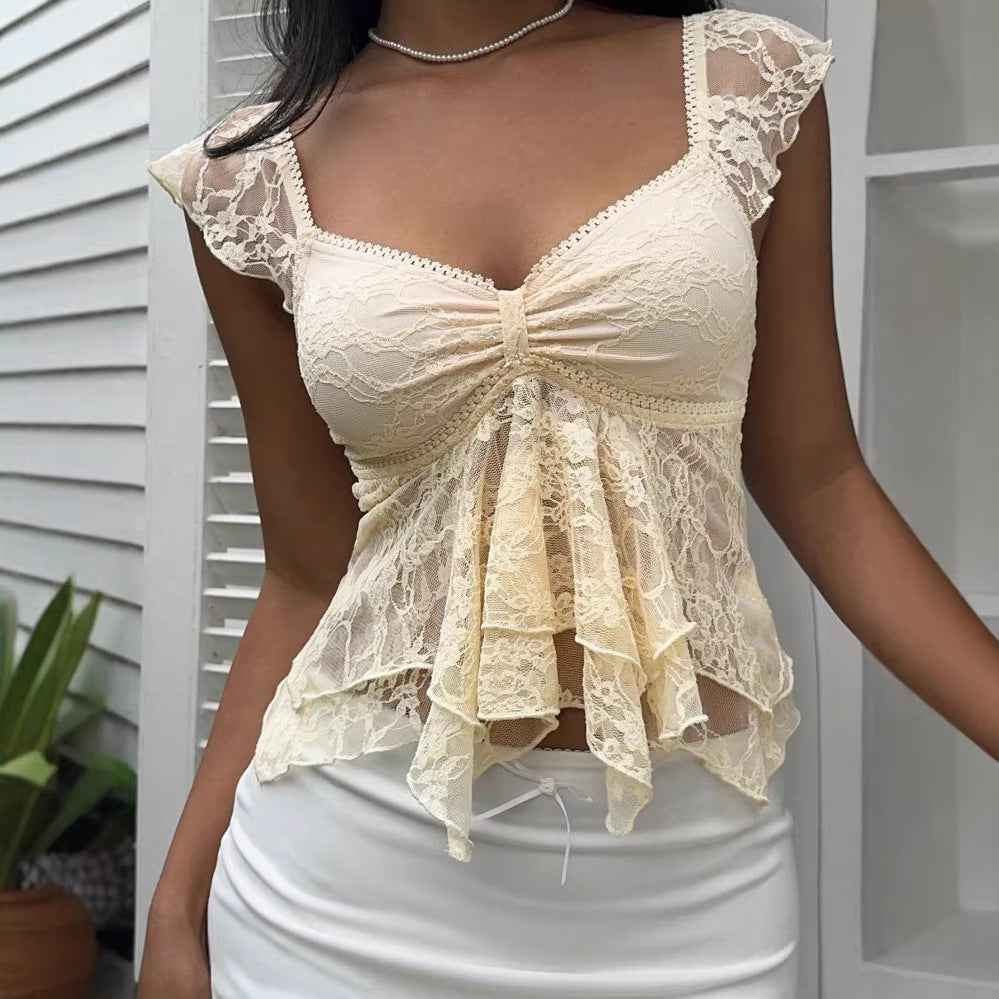 Lace V-neck Ruffled Demure-Style Short Shirt