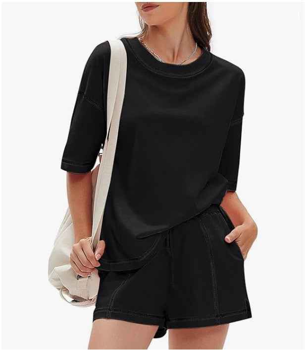 Color-Block Three-Quarter Sleeve Top & Shorts Set