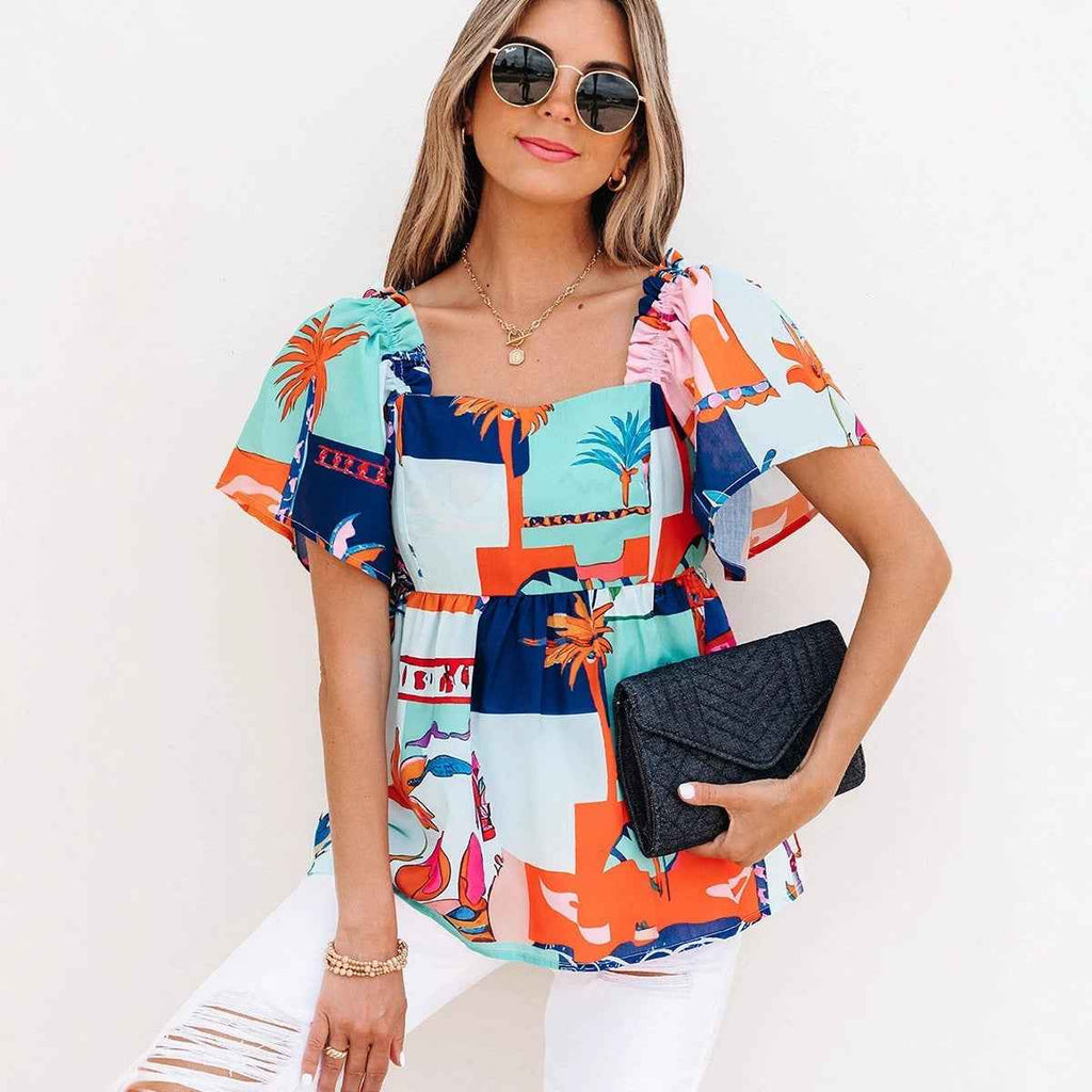 Colour-Block Square-Neck Flounce Sleeve Loose Top