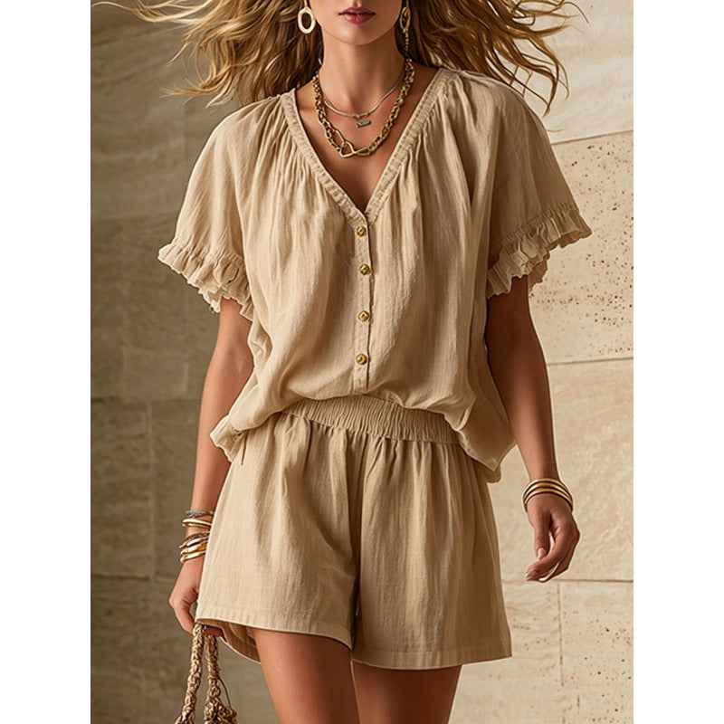 Sleeveless Solid-Color Resort Two-Piece Set — Top & Wide-Leg Pants