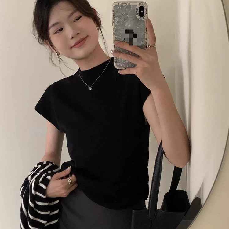 Womens Half-Neck Short-Sleeve T-Shirt Summer Slim-Fit Cropped Knit Top