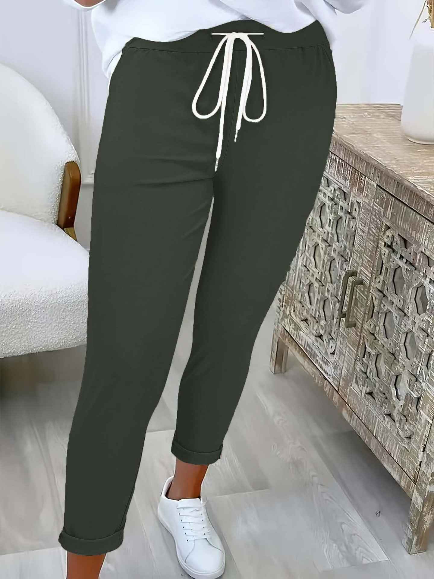 Women's High-Waisted Slim Cropped Trousers with Lace-Up Detail