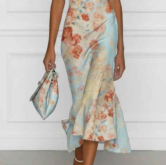 Colour-Block Digital Floral Print Asymmetric Hem High-Waist Floor-Length Dress