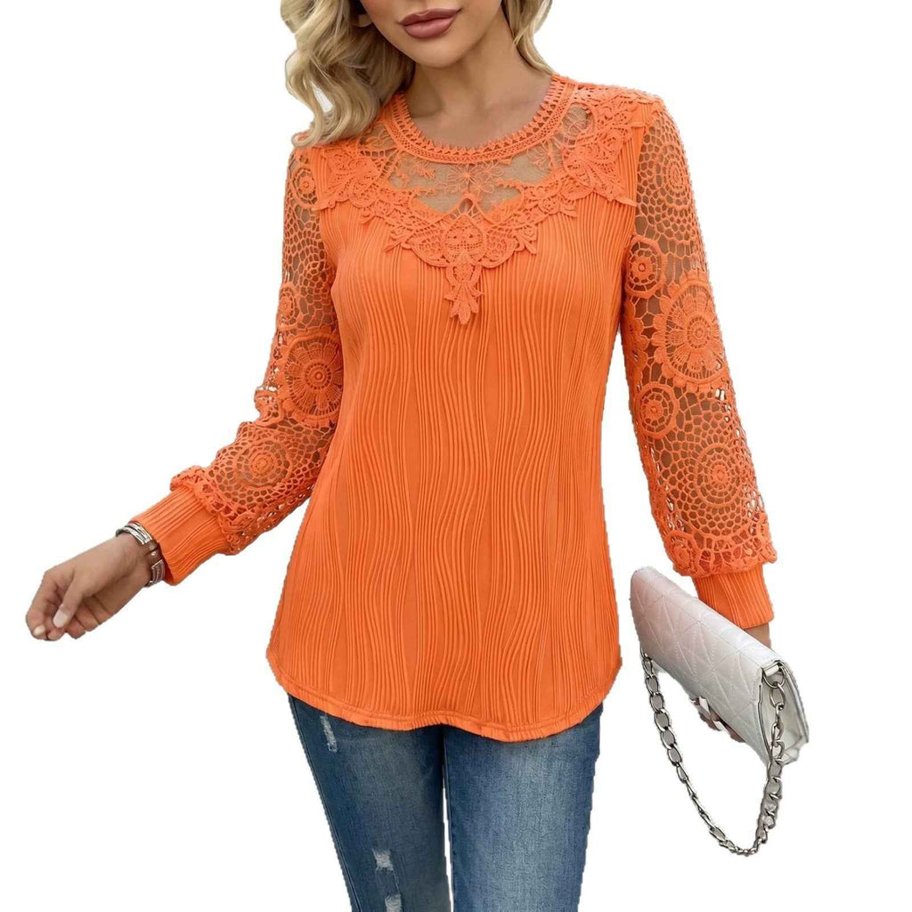 Lace-trimmed Wave-patterned Panel-seam Womens Long-sleeve Blouse