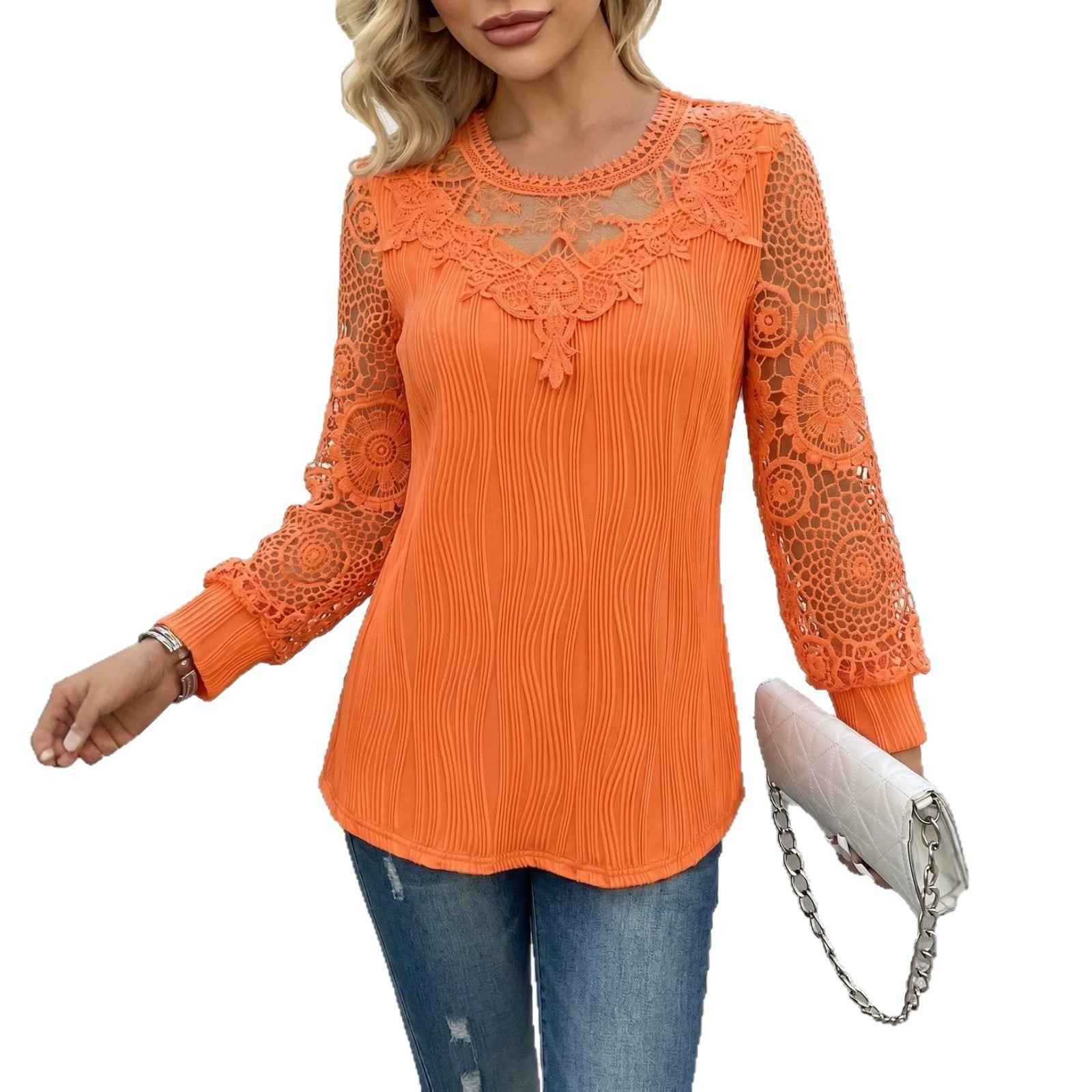 Lace-trimmed Wave-patterned Panel-seam Womens Long-sleeve Blouse