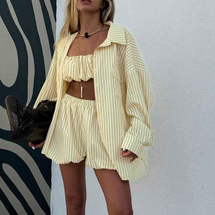 Striped 3-Piece Set – Oversized Shirt, Crop Tube Top & Elastic Shorts