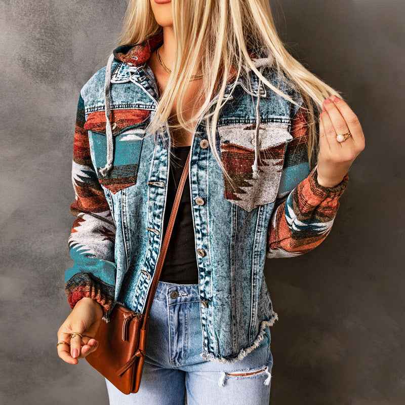 Women's Hooded Denim Patchwork Coat – Contrast Colour | Black & Blue
