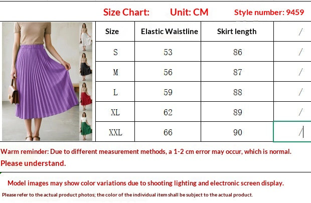 Pleated skirt size chart for S–XXL with elastic waist measurements 53–66 cm and lengths 86–90 cm