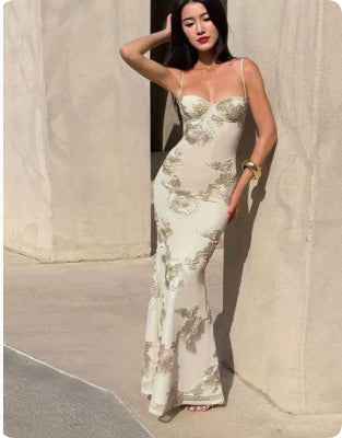 3D Floral Open-Back Fishtail Maxi Dress