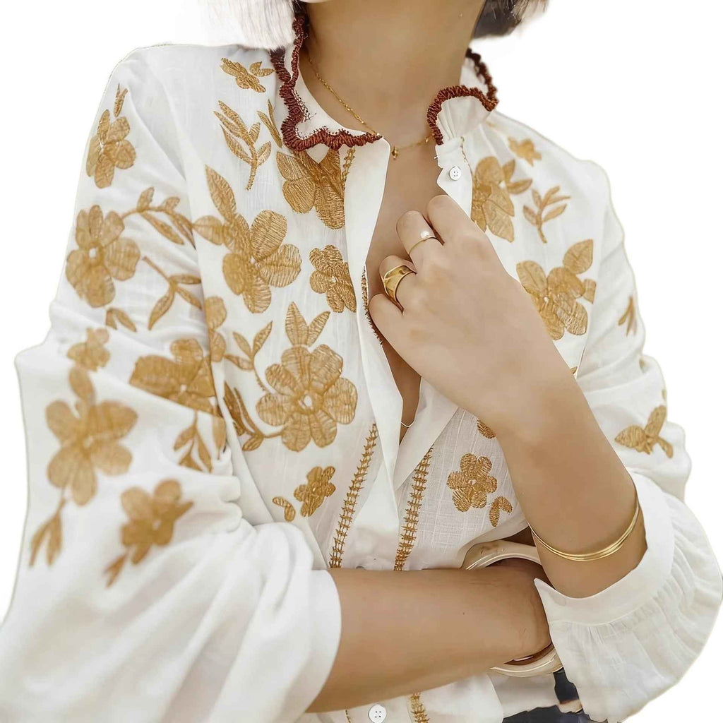 Embroidered Puff-Sleeve Linen Blouse — 4 Colours