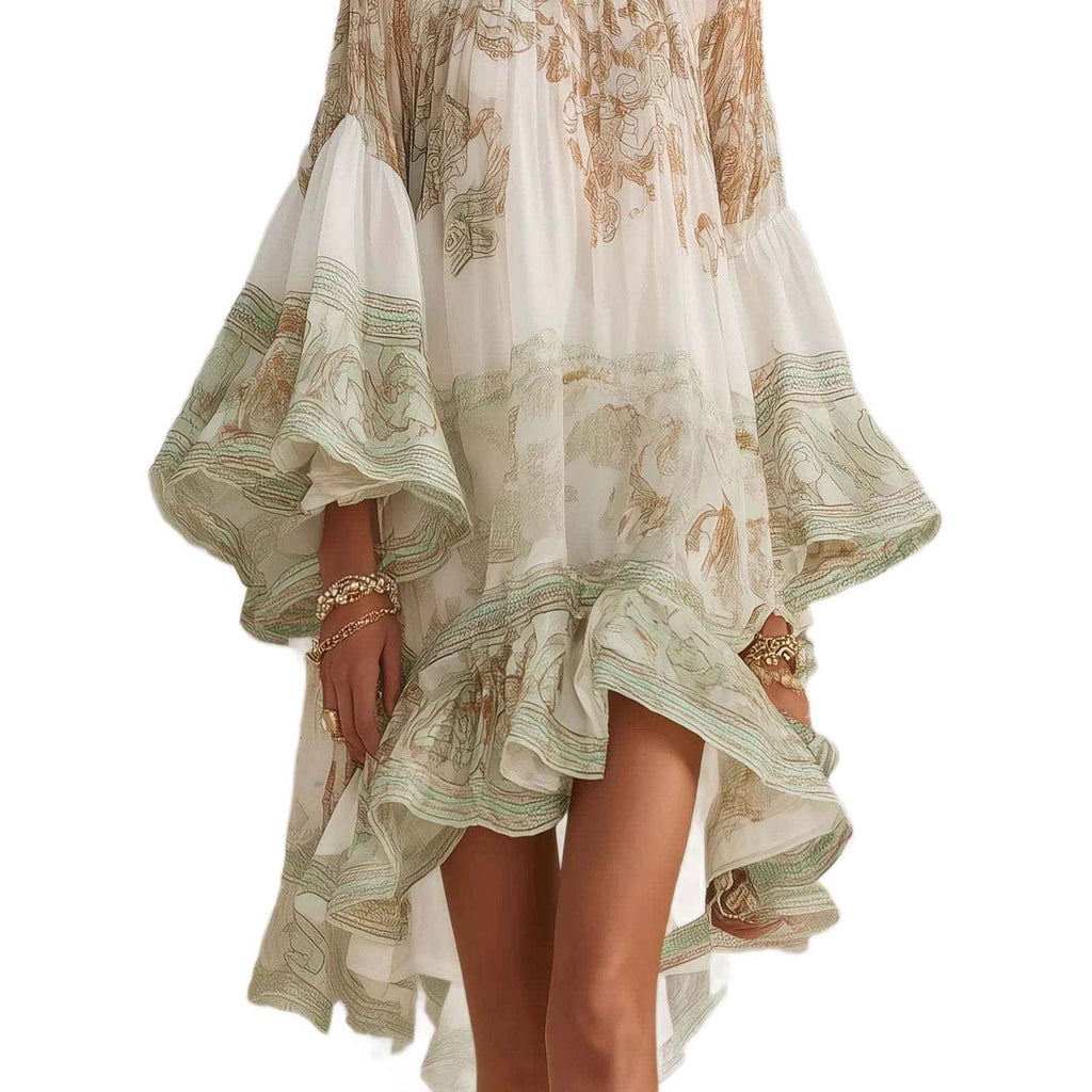 Chiffon Ruffle-Trim Midi Dress — Long Sleeve Resort Style