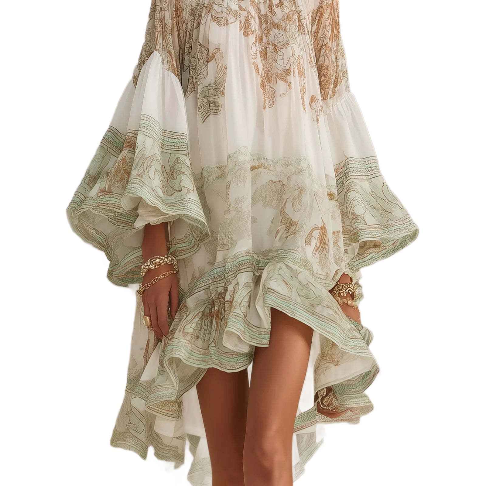 Chiffon Ruffle-Trim Midi Dress — Long Sleeve Resort Style